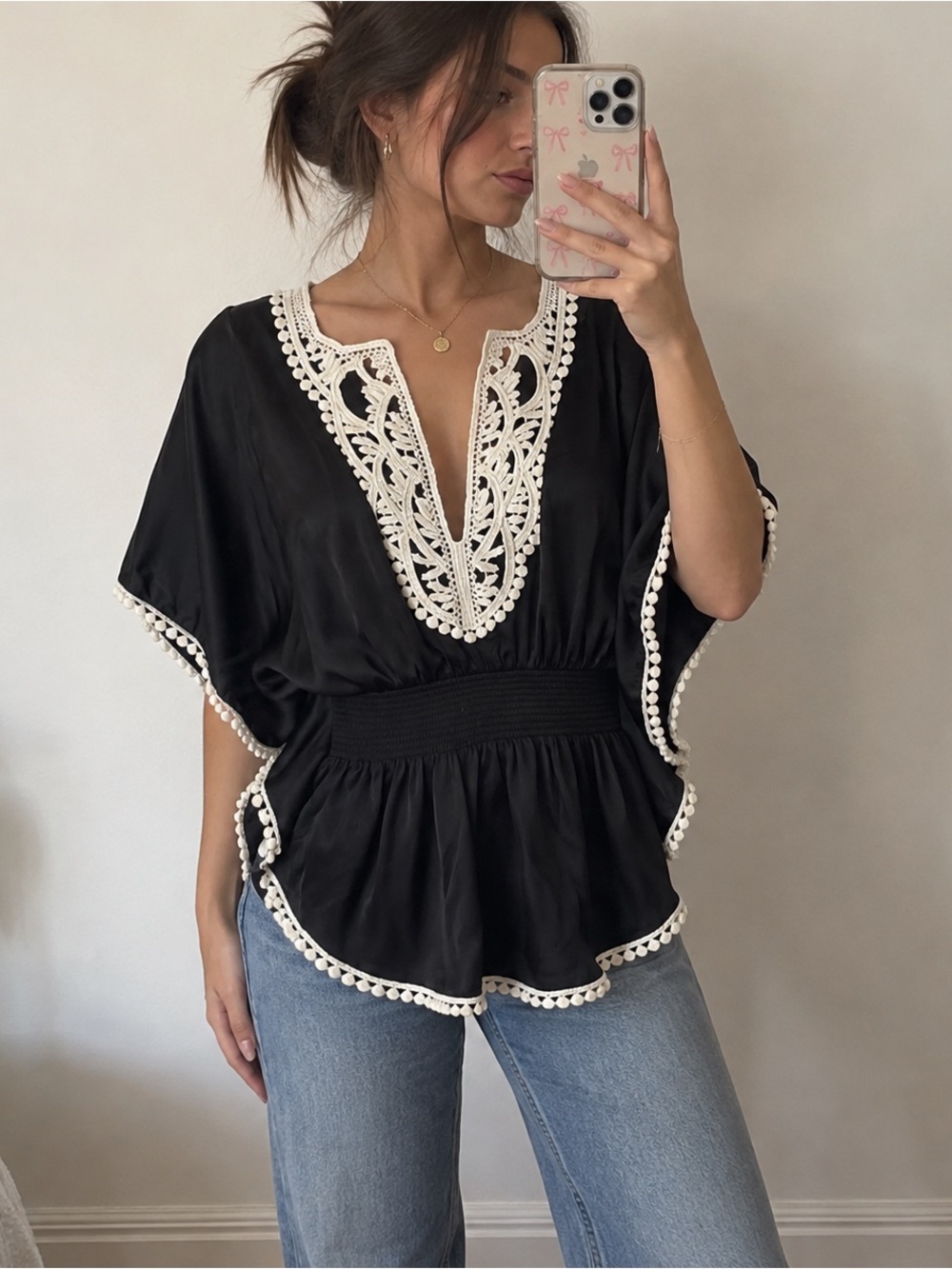 Black satin Blouse Crochet Lace Trim‎ Vneck Flowy Batwing Sleeves Women M Boho